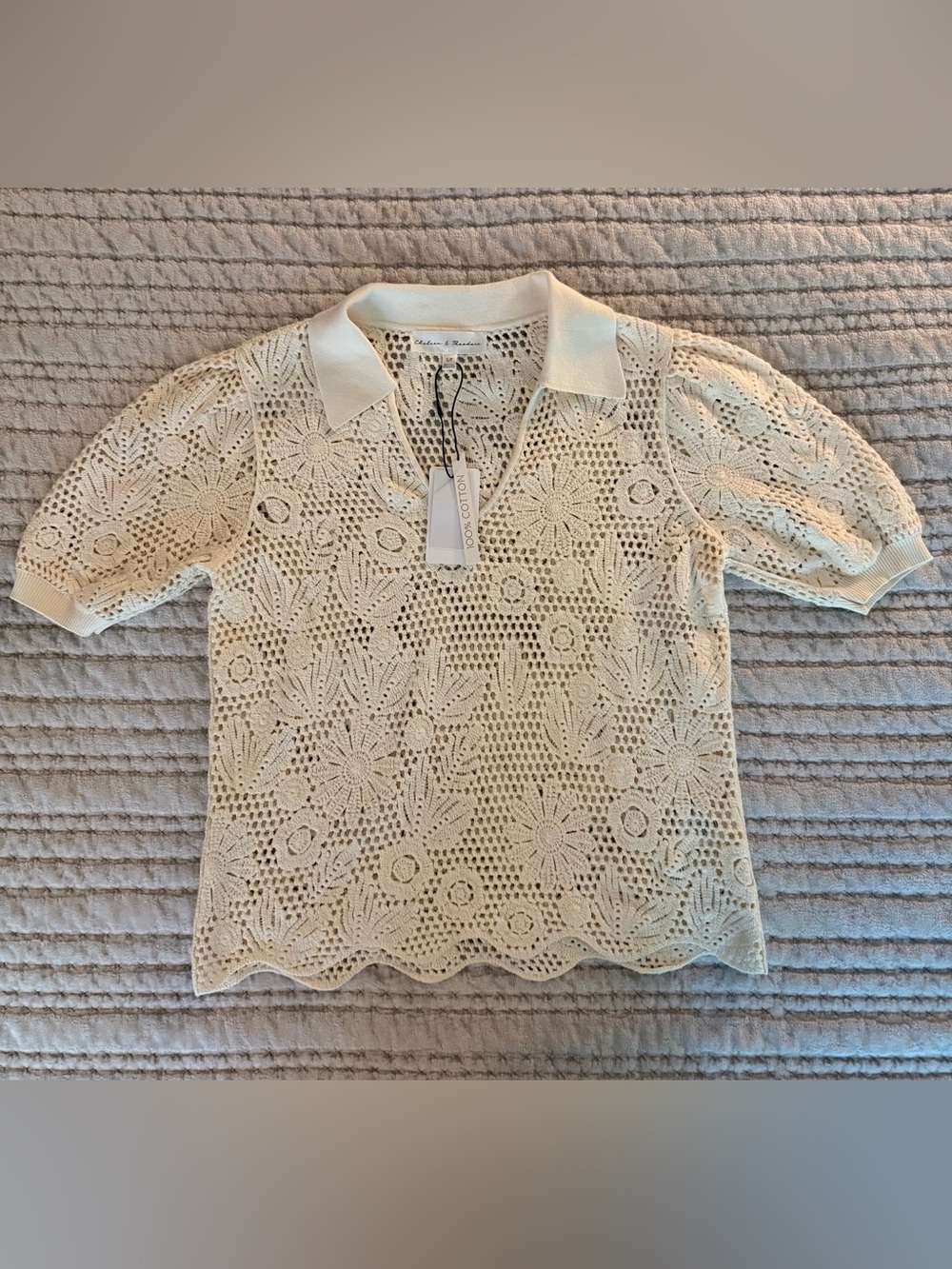 Chelsea & Theodore Floral Open Stitch Puff Sleeve Top